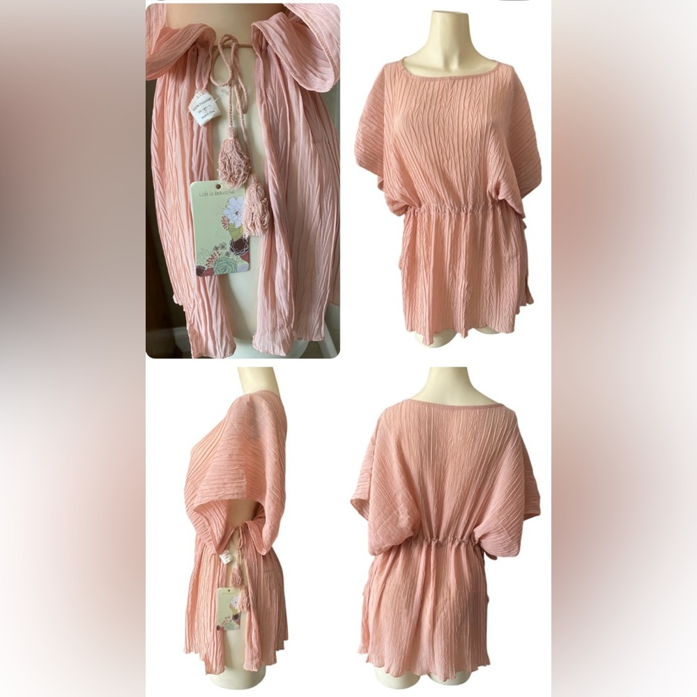 Life Is Beautiful Top Blouse Pale pink Wrinkle Pleated Drawstring Waist W Tassel
